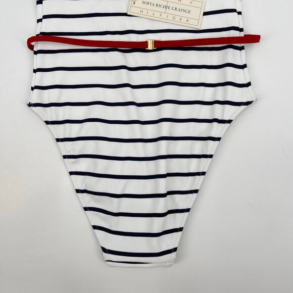 Tommy Hilfiger | NWT The Sofia Capsule Bandeau Belted Swimsuit Navy White Stripe - Picture 14 of 15